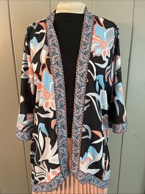 Mahila Duster Kimono Jacket Black Pink Floral Relaxed Artsy Boho  Festival Fairy